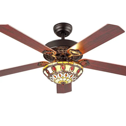 Tiffany stained glass brown wood ceiling fan light living room