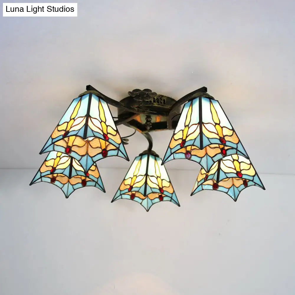 DecorBites™ Tiffany Stained Glass Ceiling Light with 5 Scalloped Heads in Antique Bronze - Perfect for Bedroom