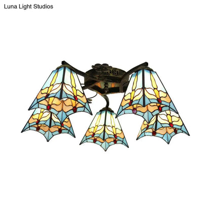 DecorBites™ Tiffany Stained Glass Ceiling Light with 5 Scalloped Heads in Antique Bronze - Perfect for Bedroom