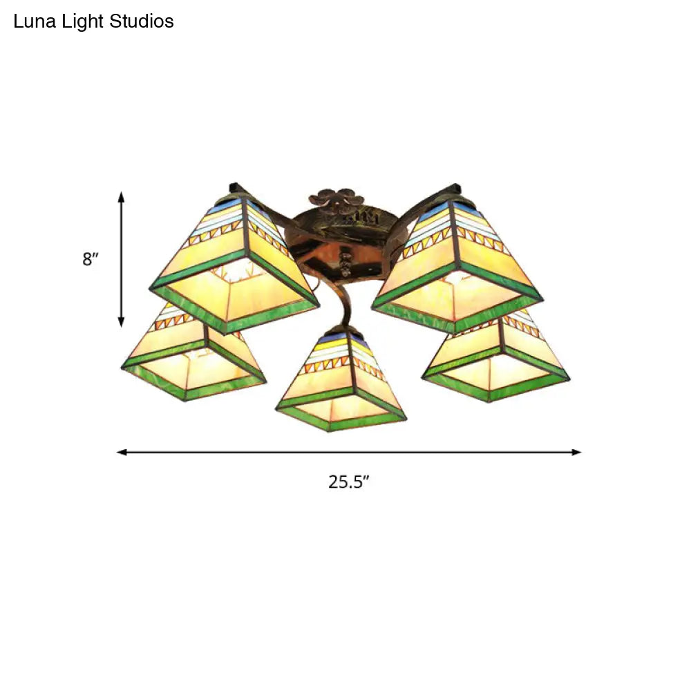 DecorBites™ Tiffany Stained Glass Ceiling Light with 5 Scalloped Heads in Antique Bronze - Perfect for Bedroom