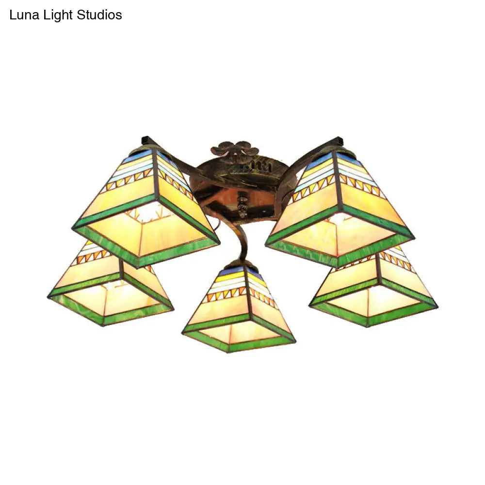 DecorBites™ Tiffany Stained Glass Ceiling Light with 5 Scalloped Heads in Antique Bronze - Perfect for Bedroom