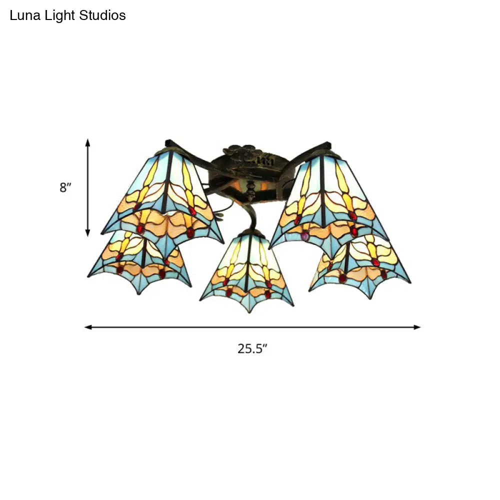 DecorBites™ Tiffany Stained Glass Ceiling Light with 5 Scalloped Heads in Antique Bronze - Perfect for Bedroom
