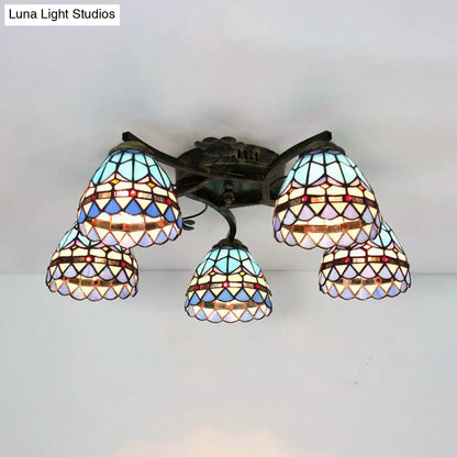 DecorBites™ Tiffany Stained Glass Ceiling Light with 5 Scalloped Heads in Antique Bronze - Perfect for Bedroom