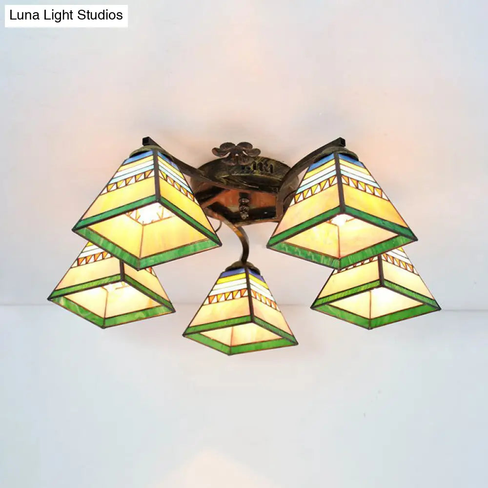 DecorBites™ Tiffany Stained Glass Ceiling Light with 5 Scalloped Heads in Antique Bronze - Perfect for Bedroom