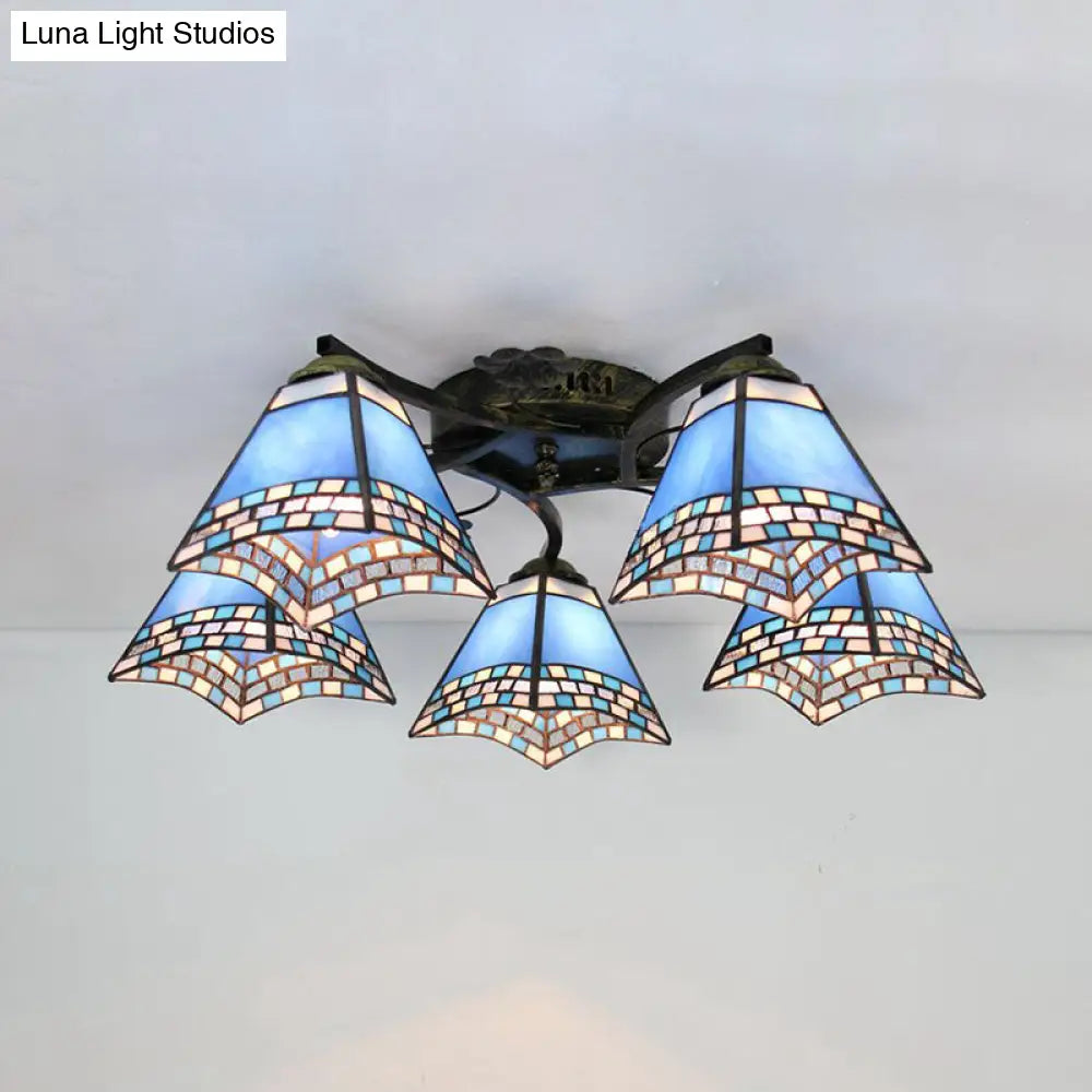 DecorBites™ Tiffany Stained Glass Ceiling Light with 5 Scalloped Heads in Antique Bronze - Perfect for Bedroom