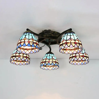 DecorBites™ Tiffany Stained Glass Ceiling Light with 5 Scalloped Heads in Antique Bronze - Perfect for Bedroom