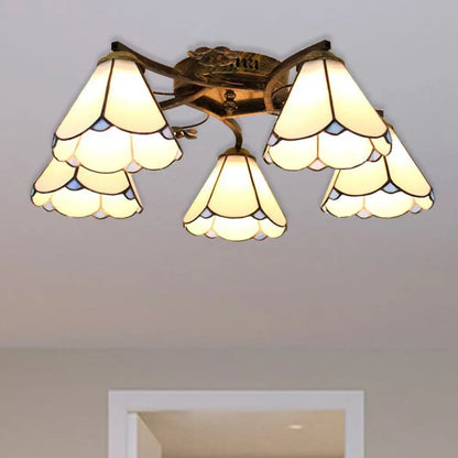 DecorBites™ Tiffany Stained Glass Ceiling Light with 5 Scalloped Heads in Antique Bronze - Perfect for Bedroom