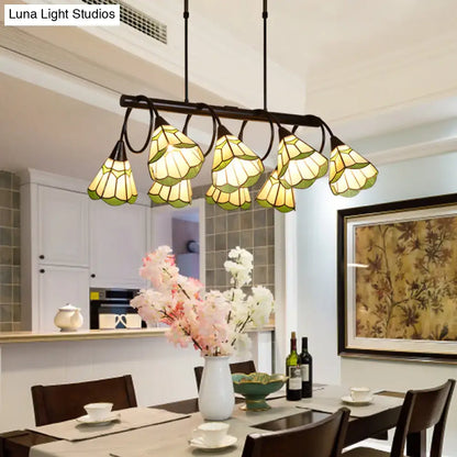 Tiffany style amber & green conical island lighting fixture dining room