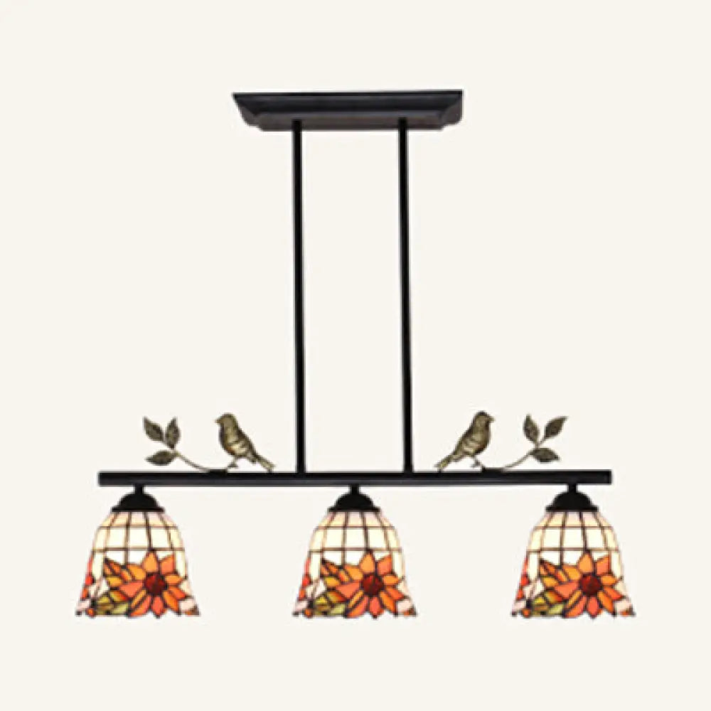 DecorBites™ Tiffany Style Black/Antique Brass Stainless Glass Pendant Light - 3 Lights Bell Island Chandelier with Sunflower Pattern