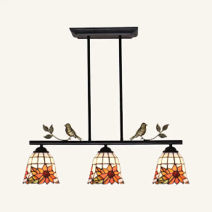 DecorBites™ Tiffany Style Black/Antique Brass Stainless Glass Pendant Light - 3 Lights Bell Island Chandelier with Sunflower Pattern