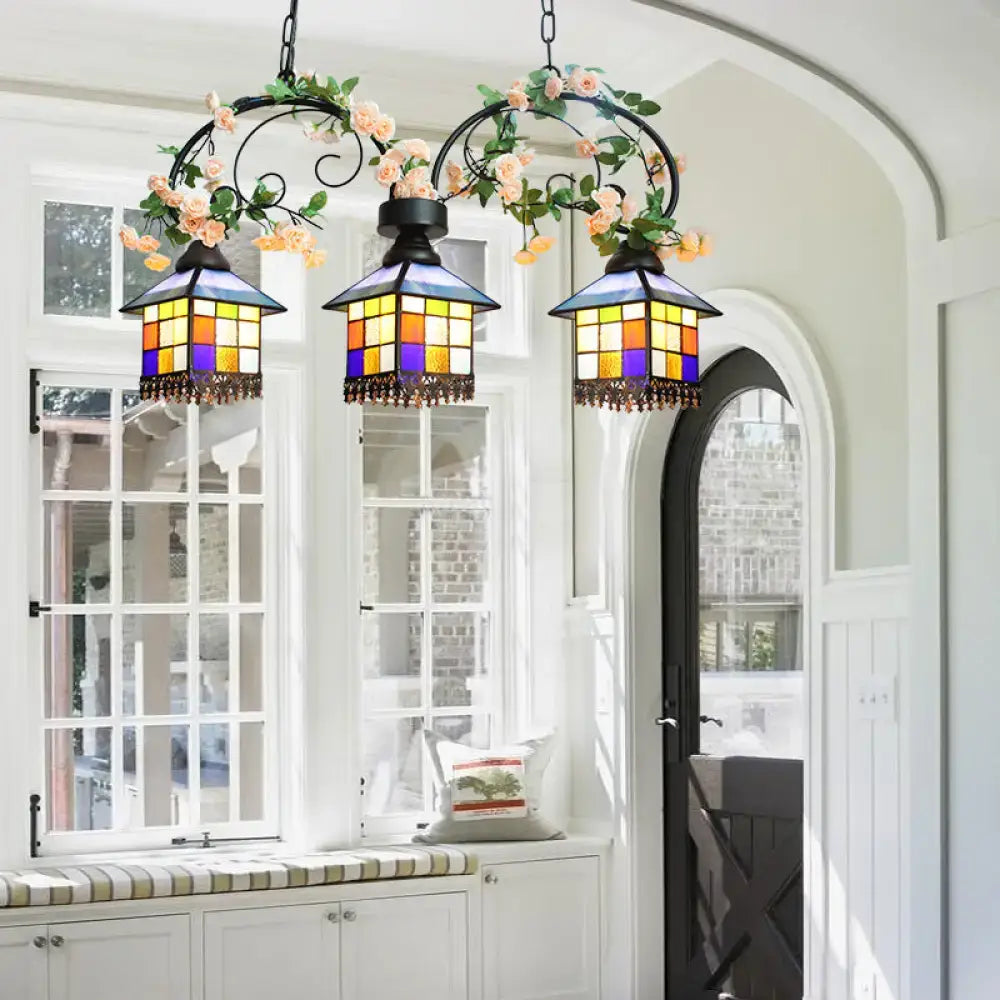 Tiffany style blue & clear stained glass island light balcony lamp
