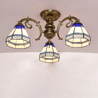 DecorBites™ Tiffany Style Ceiling Light - Blue Stained Glass Bell Shade - Semi Flush Mount Fixture with 3 Heads