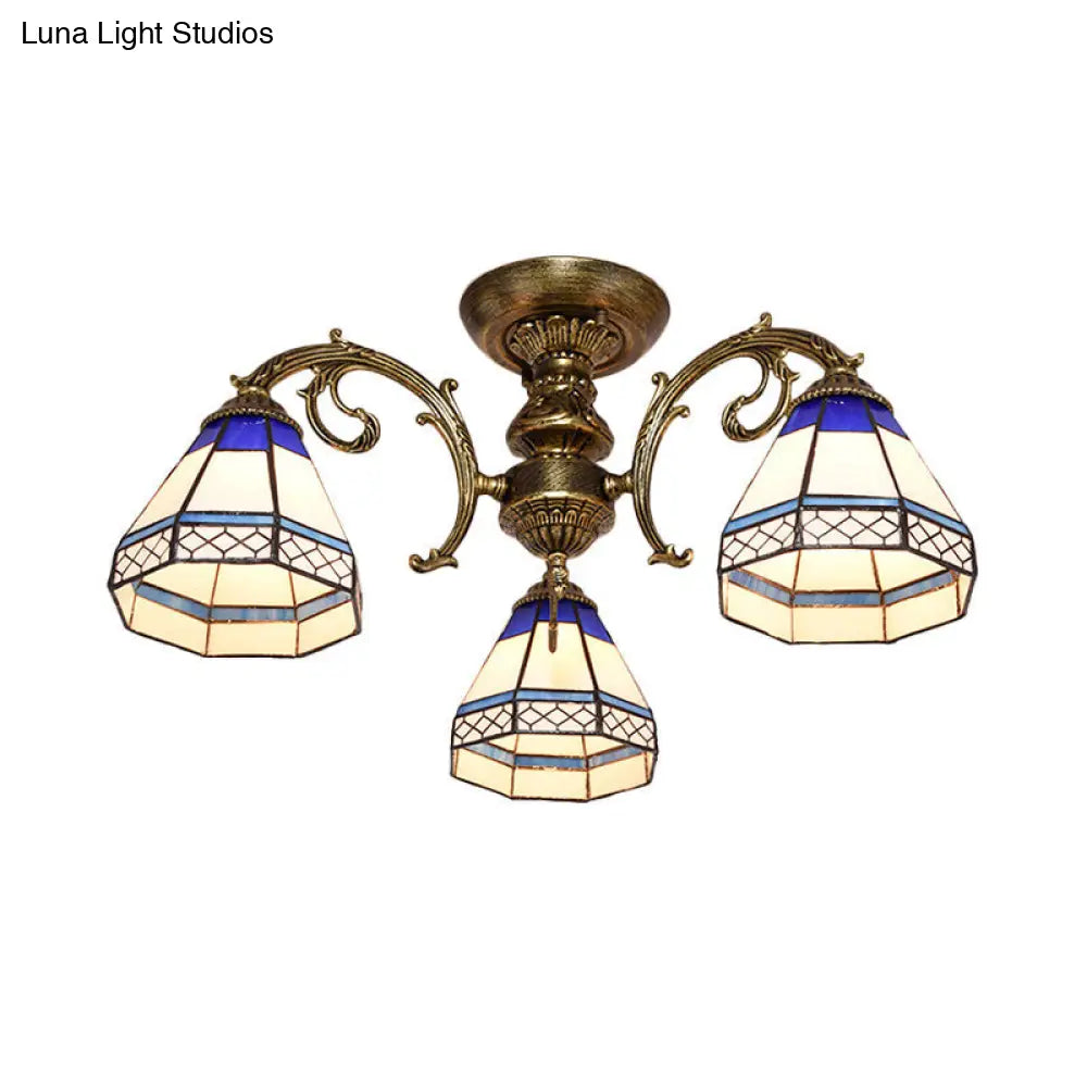 DecorBites™ Tiffany Style Ceiling Light - Blue Stained Glass Bell Shade - Semi Flush Mount Fixture with 3 Heads