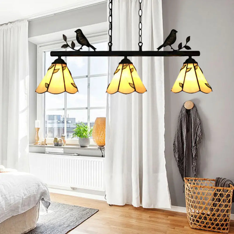 DecorBites™ Tiffany Style Cone Stainless Glass Island Lighting: Stylish 3-Light Beige Chandelier with Bird Accent