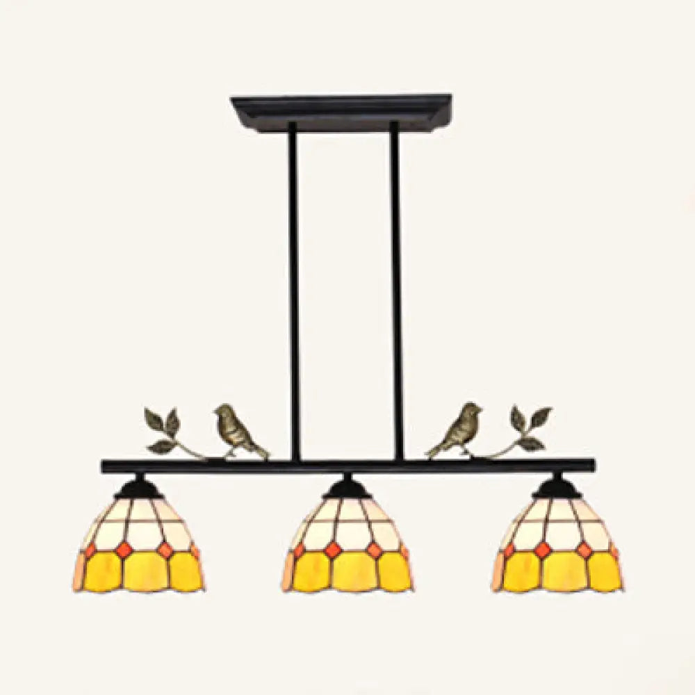 DecorBites™ Tiffany Style Dome Shade Island Lighting - 3-Head Antique Brass/Black Hanging Lamp with Bird Accent