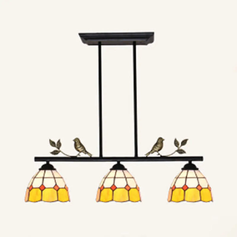 DecorBites™ Tiffany Style Dome Shade Island Lighting - 3-Head Antique Brass/Black Hanging Lamp with Bird Accent