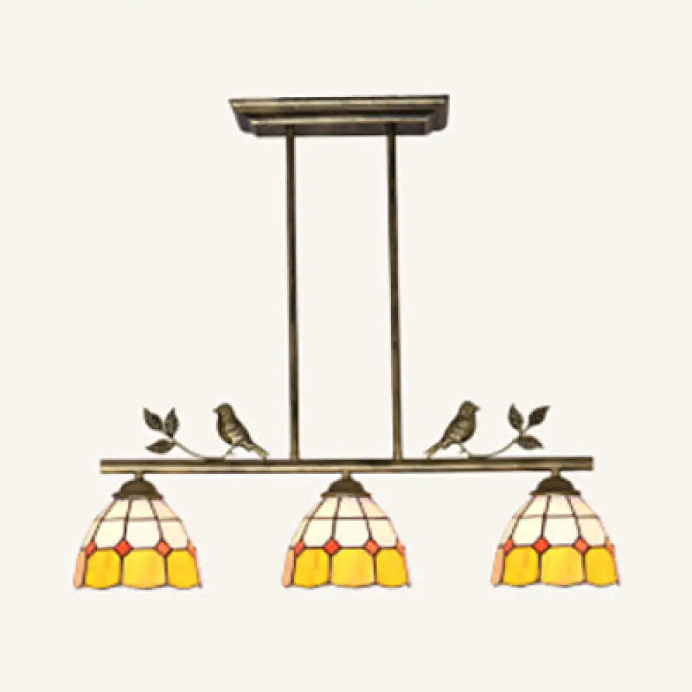 DecorBites™ Tiffany Style Dome Shade Island Lighting - 3-Head Antique Brass/Black Hanging Lamp with Bird Accent