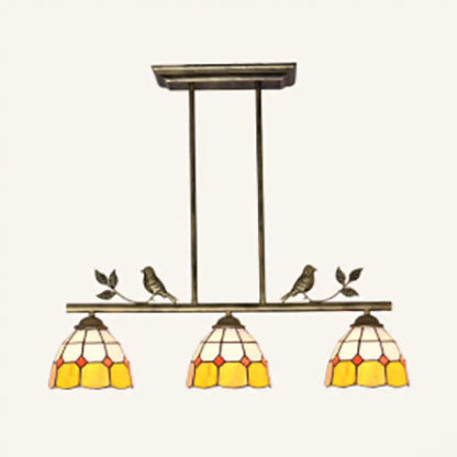 DecorBites™ Tiffany Style Dome Shade Island Lighting - 3-Head Antique Brass/Black Hanging Lamp with Bird Accent