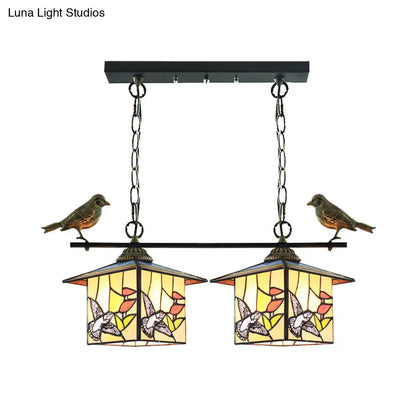 DecorBites™ Tiffany Style House-Shaped Island Light with Two Stainless Steel Heads and Art Glass in Stylish Beige