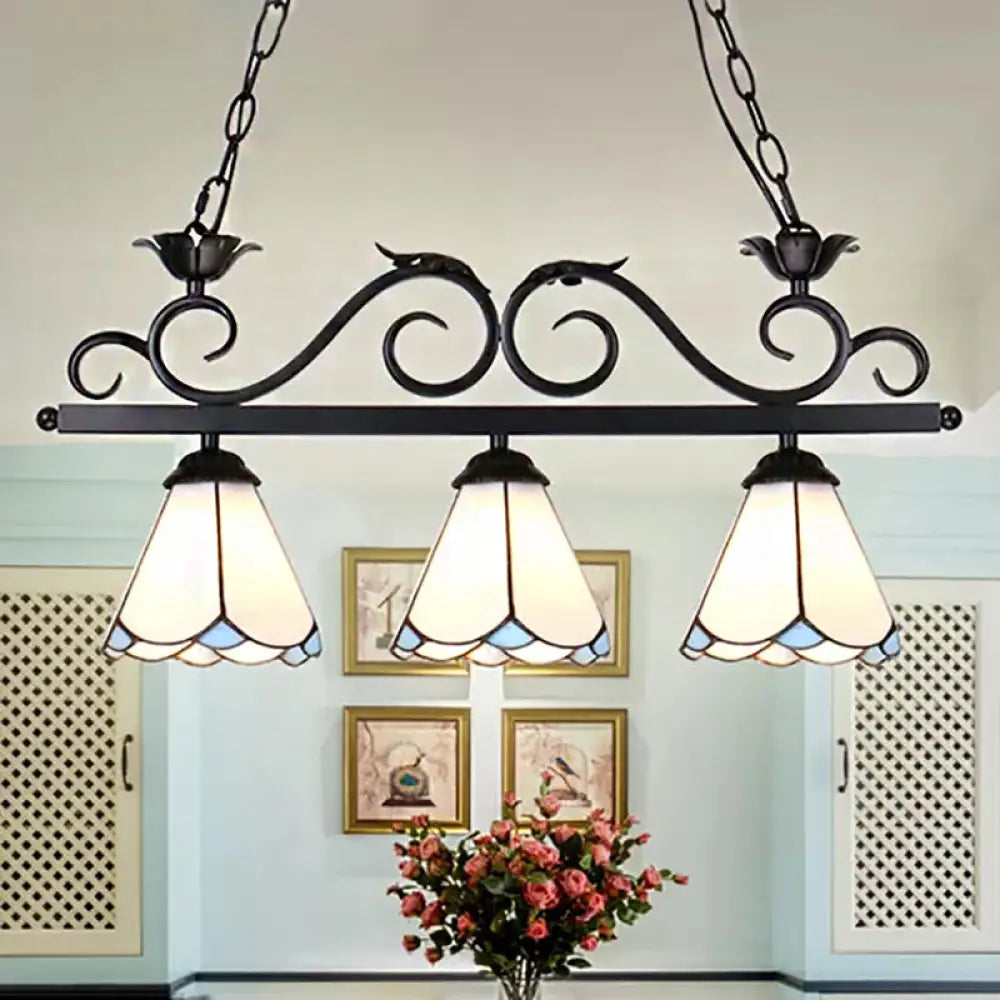 DecorBites™ Tiffany Style Island Chandelier Light - White Conic Shade Pendant Lamp with Stainless Glass (3 Bulbs)