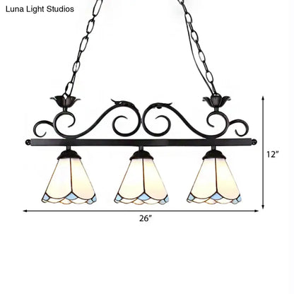 DecorBites™ Tiffany Style Island Chandelier Light - White Conic Shade Pendant Lamp with Stainless Glass (3 Bulbs)