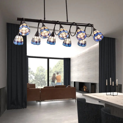 DecorBites™ Tiffany Style Kitchen Island Lighting: Dome Shade Hanging Lamp with Blue/Orange & Yellow Stainless Glass (6/10 Lights)