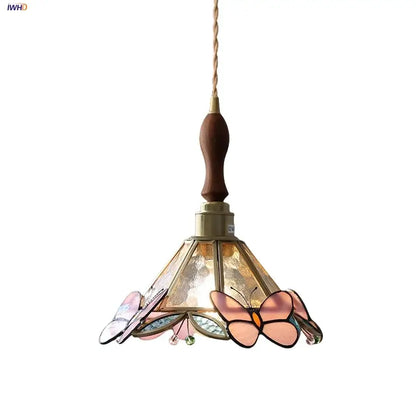 Tiffany style pink & peach butterfly glass flower led pendant lamp bedroom