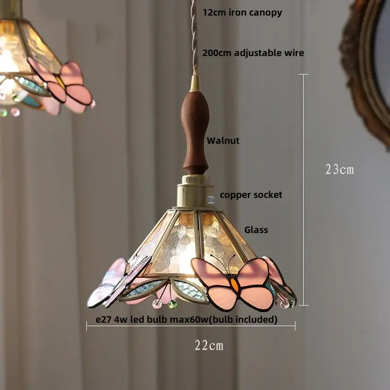 Tiffany style pink & peach butterfly glass flower led pendant lamp bedroom