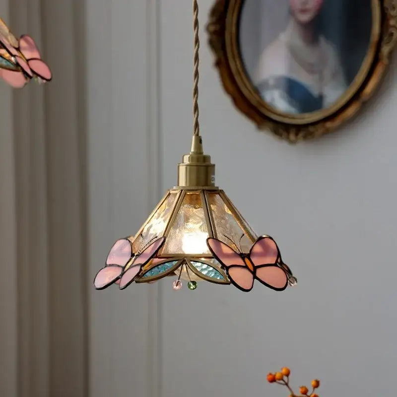 Tiffany style pink & peach butterfly glass flower led pendant lamp bedroom