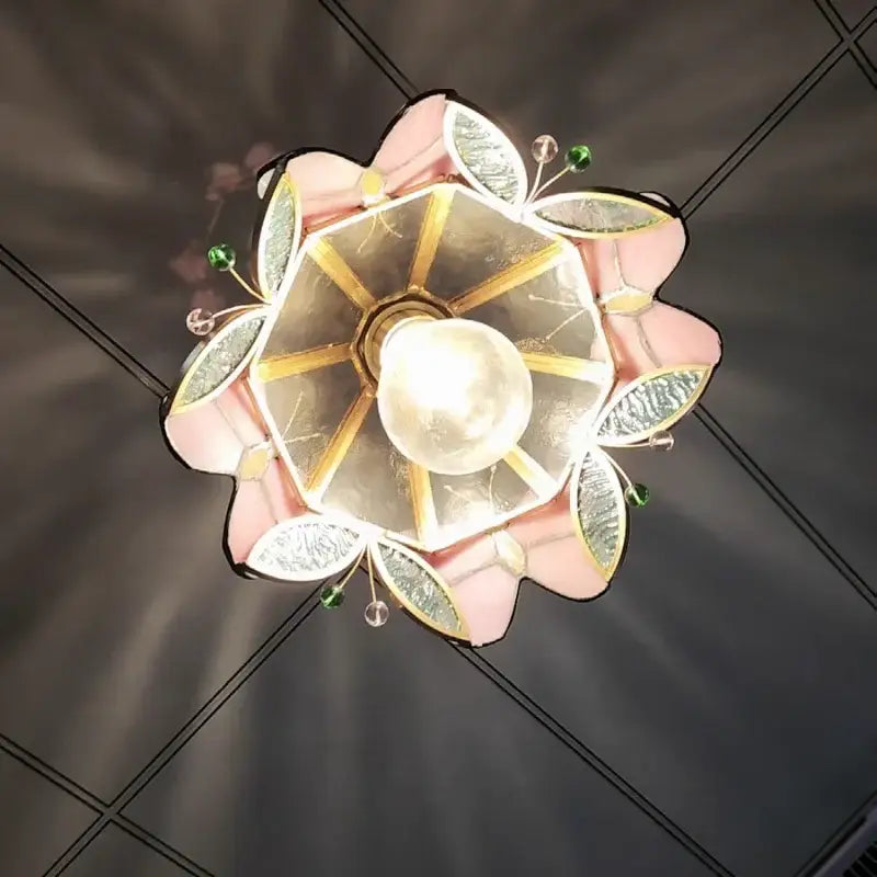 Tiffany style pink & peach butterfly glass flower led pendant lamp bedroom