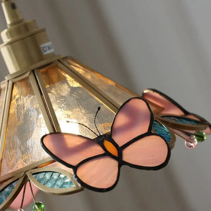 Tiffany style pink & peach butterfly glass flower led pendant lamp bedroom