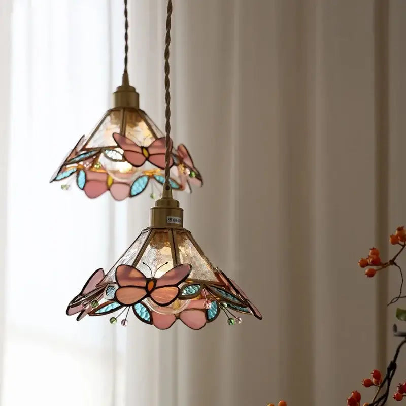 Tiffany style pink & peach butterfly glass flower led pendant lamp bedroom