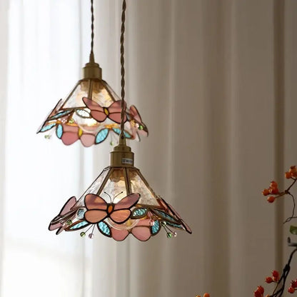 Tiffany style pink & peach butterfly glass flower led pendant lamp bedroom