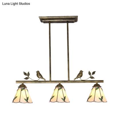 DecorBites™ Tiffany Style Stainless Glass Cone Shade Island Lighting Fixture with Leaf Pattern - 3 Lights, Beige Hanging Lamp