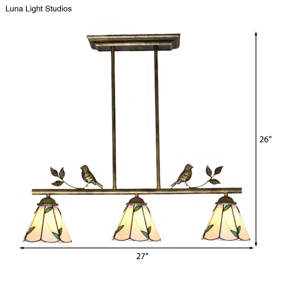 DecorBites™ Tiffany Style Stainless Glass Cone Shade Island Lighting Fixture with Leaf Pattern - 3 Lights, Beige Hanging Lamp