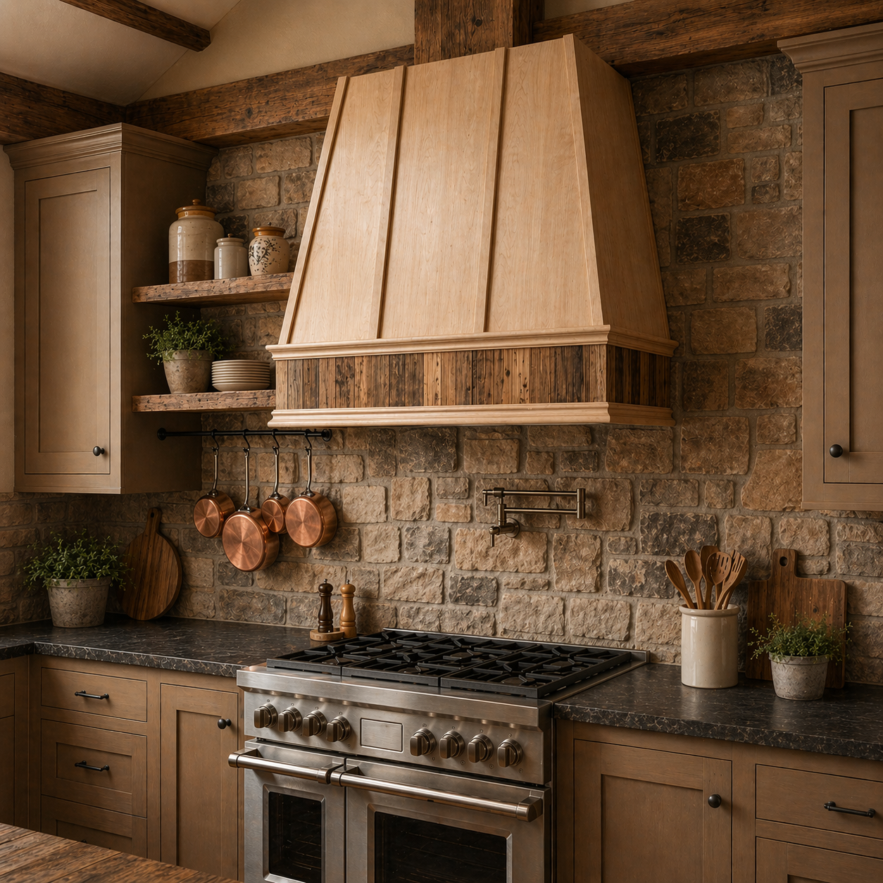 Wood Range Hood With Reclaimed Wood Band, Tapered Front and Decorative Trim - 30", 36", 42", 48", 54" and 60" Widths Available