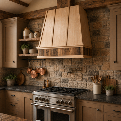 Wood Range Hood With Reclaimed Wood Band, Tapered Front and Decorative Trim - 30", 36", 42", 48", 54" and 60" Widths Available
