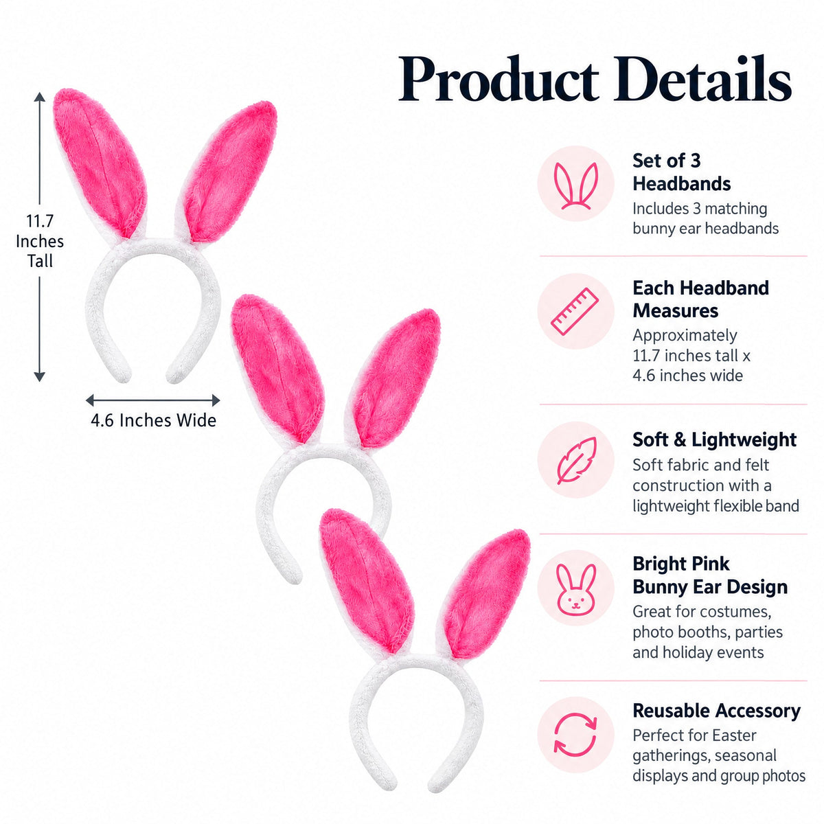 Set of 3 Costume Bunny Ear Headbands in Bright Pink, Each 11.7 Inches
