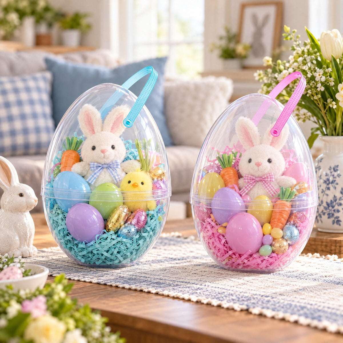 Set of 2 Transparent Jumbo Plastic Easter Eggs with Handles Large Size 10 Inches