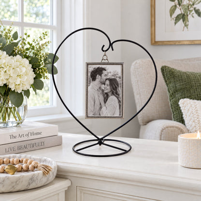 Heart-Shaped Hanging Photo Picture Frame and Black Metal Ornament Stand 9.75 Inches