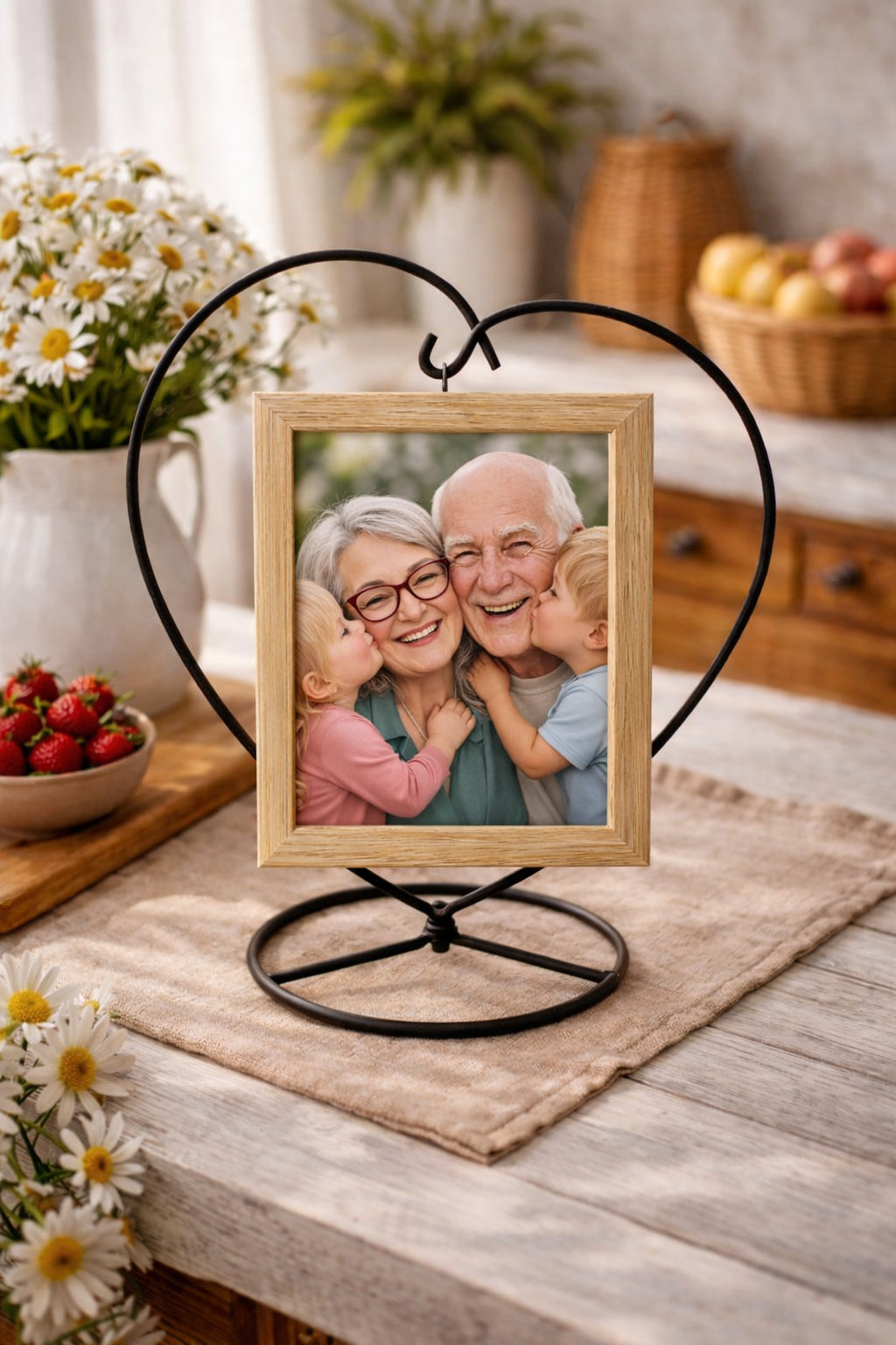 Heart-Shaped Hanging Photo Picture Frame and Black Metal Ornament Stand 9.75 Inches