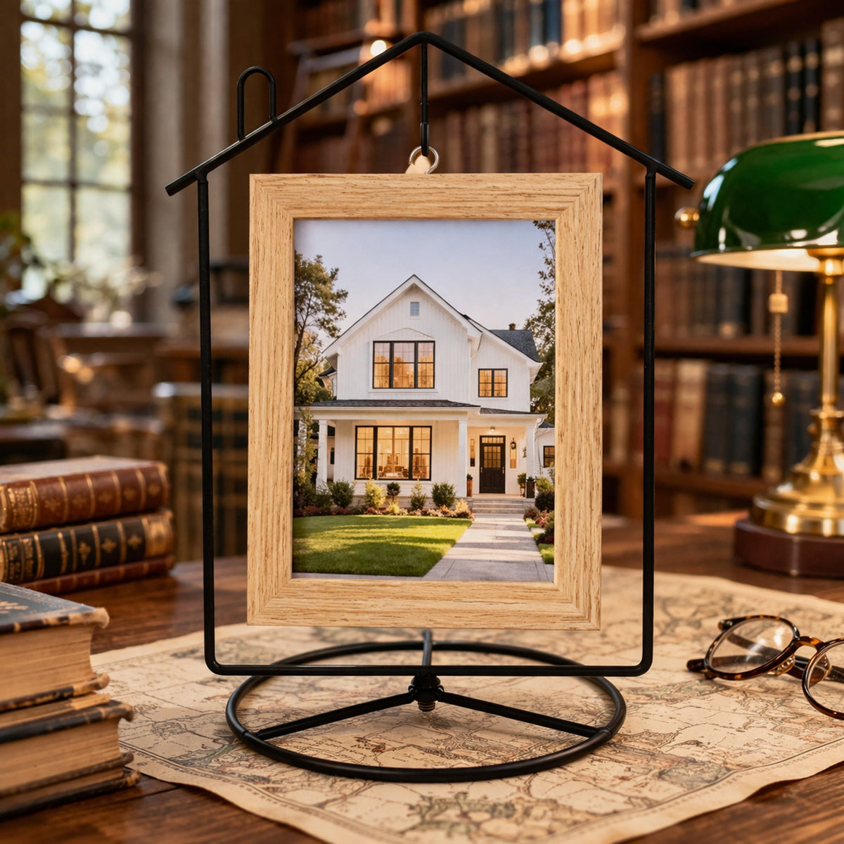 Black House-Shaped Hanging Photo Picture Frame and Metal Ornament Stand 8.7 Inches