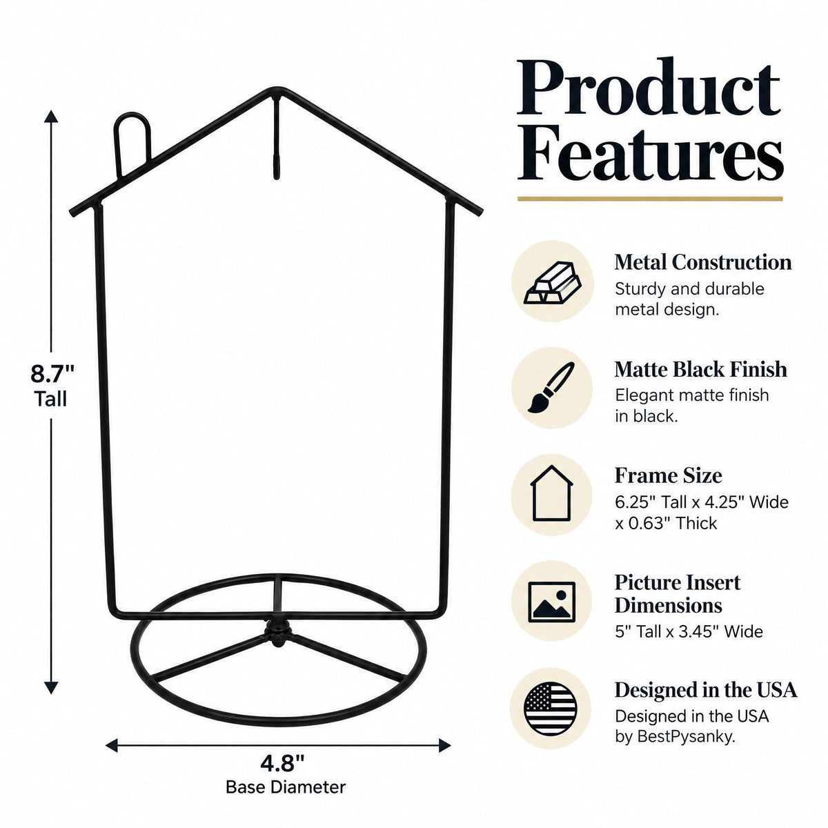 Black House-Shaped Hanging Photo Picture Frame and Metal Ornament Stand 8.7 Inches
