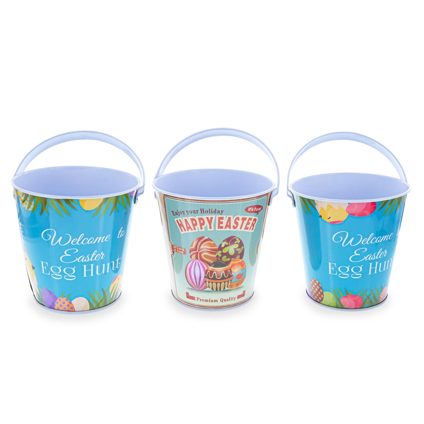 Set of 3 Easter Egg Hunt Buckets Metal Tin Pails with Handles Candy Gifts and Decor