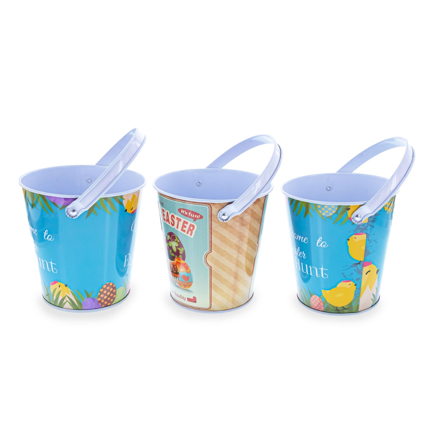 Set of 3 Easter Egg Hunt Buckets Metal Tin Pails with Handles Candy Gifts and Decor