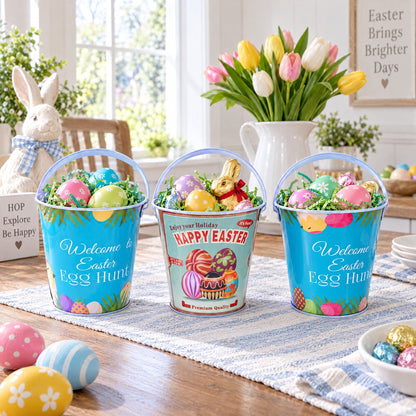 Set of 3 Easter Egg Hunt Buckets Metal Tin Pails with Handles Candy Gifts and Decor