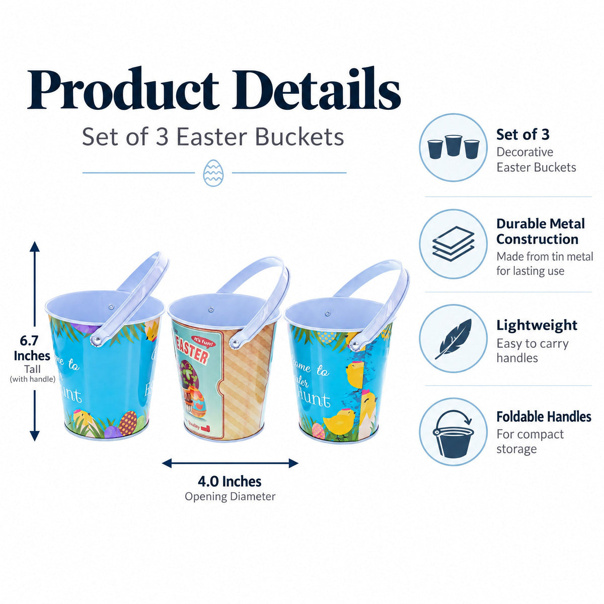 Set of 3 Easter Egg Hunt Buckets Metal Tin Pails with Handles Candy Gifts and Decor