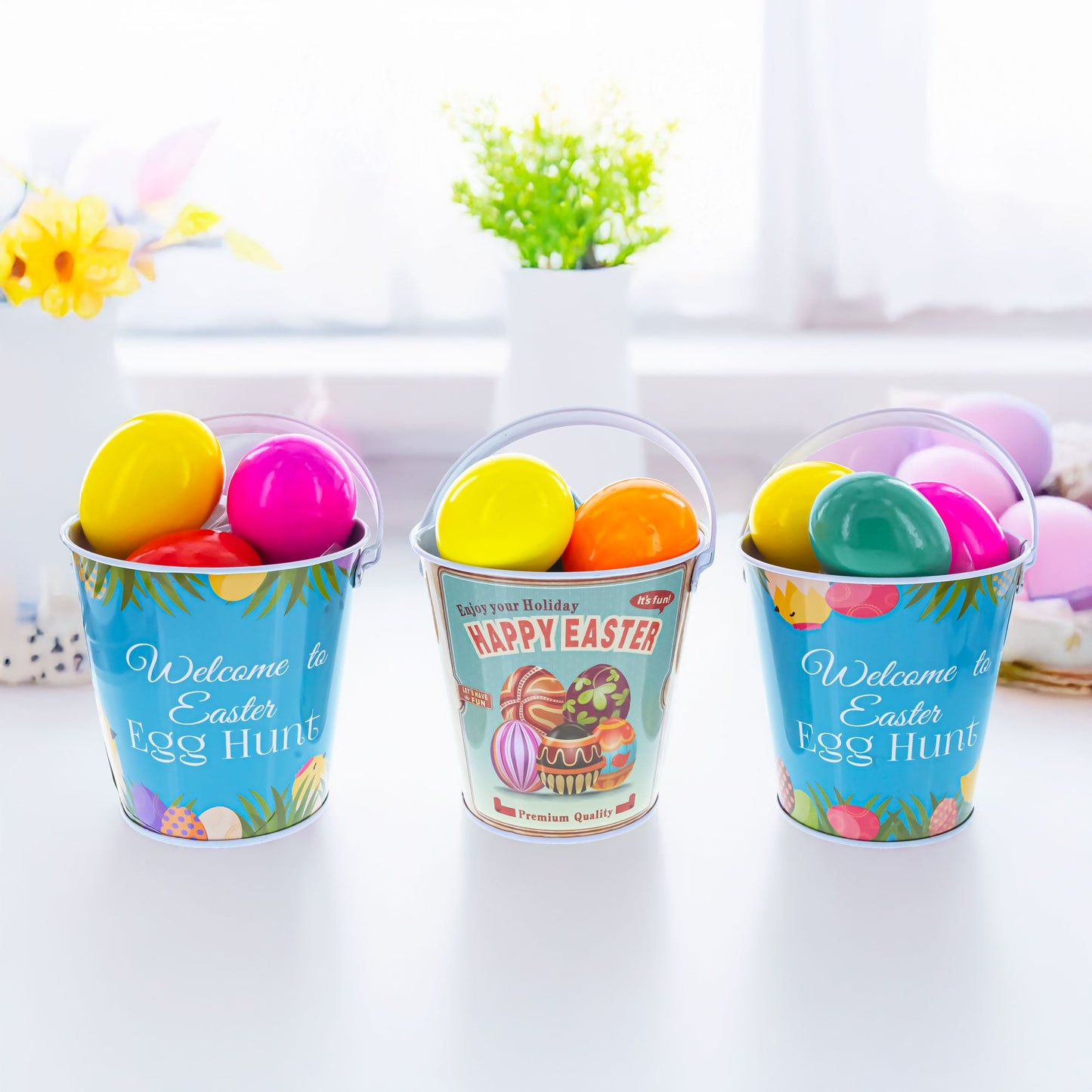 Set of 3 Easter Egg Hunt Buckets Metal Tin Pails with Handles Candy Gifts and Decor