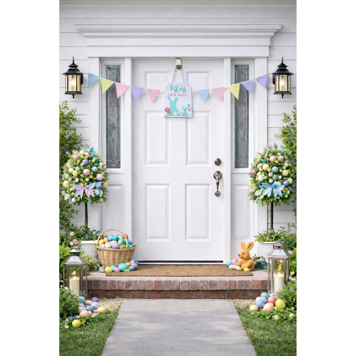 Easter Bunny Hanging Wall Sign With Pastel Florals Decor 11.5 Inches Tall