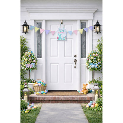 Easter Bunny Hanging Wall Sign With Pastel Florals Decor 11.5 Inches Tall
